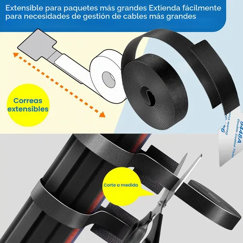 Vista 4 de Kit de gestión de cables – 40 sujetadores autoadhesivos de gancho y bucle con 2 correas de extensión – Fabricado con cinta 3M, organizador de cables
