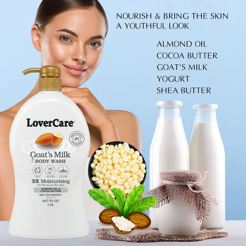 Vista 3 de Lovercare Crema de ducha de leche de cabra 3x hidratante más bio nutriente (aceite de almendras y manteca de cacao) 40.7 fl oz