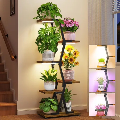 Vista 17 de LASZOLA Soporte para plantas de 5 niveles alto de madera y metal para interiores para macetas de servicio pesado, estante vertical grande