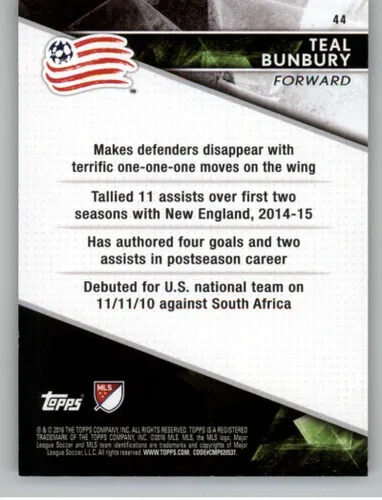 Vista 2 de Topps Apex Red #44 Teal Bunbury 02/5 New England Revolution - Tarjeta oficial de fútbol de las Grandes Ligas en estado crudo (NM o mejor)