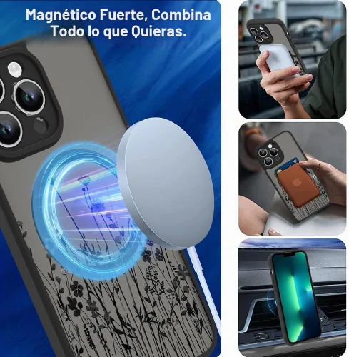 Vista 5 de OOK Funda magnética para iPhone 13 Pro Max [compatible con MagSafe] Funda delgada translúcida mate con flor silvestre negra, protección para lente