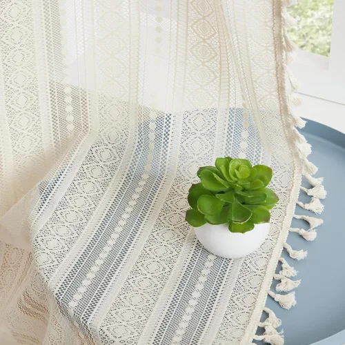 Vista 5 de Amzdecor Cortinas bohemias con borlas de encaje beige para dormitorio, sala de estar, lino texturizado elegante, patrón geométrico rústico