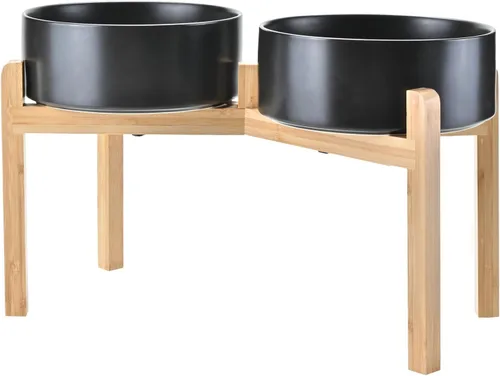 Vista 51 de SPUNKYJUNKY Cuencos elevados de cerámica para perros, 5.1 pulgadas, para comida de perros y gatos, cuencos elevados con soporte de bambú Verde oscuro