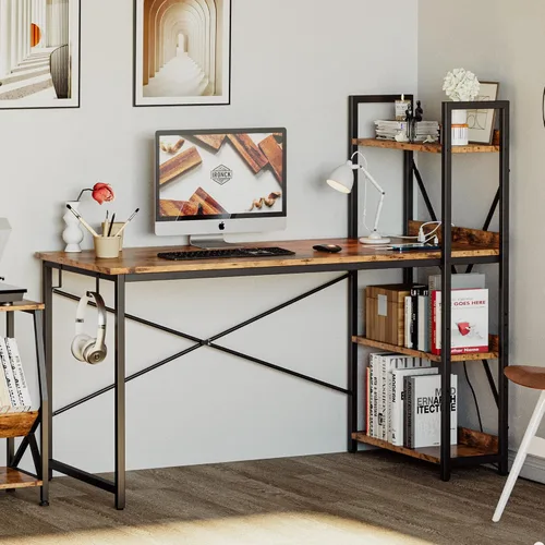 Vista 2 de IRONCK Escritorio para computadora de 47 pulgadas con toma de corriente y estantes de almacenamiento, mesa de estudio y escritura con estación