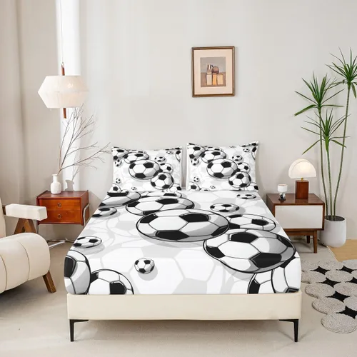 Vista 2 de Juego de ropa de cama de fútbol para niños, sábanas bajeras de fútbol para niños, niñas, adolescentes, juego de ropa de cama de fútbol dibujado a