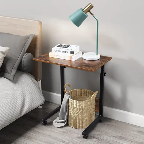 Vista 4 de HomVent Mesa de TV ajustable con ruedas, mesa lateral para aperitivos con ruedas, mesa portátil en forma de C, mesa de mesa móvil de madera
