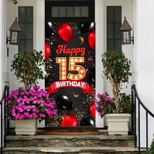 Vista 6 de Cartel de feliz cumpleaños número 15 rojo y negro, globos de fondo para decoración temática para niñas y mujeres, princesas de 15 años, suministros