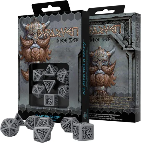 Vista 2 de Q Workshop Dwarven - Juego de dados ornamentados de RPG gris y negro, 7 piezas poliédricas