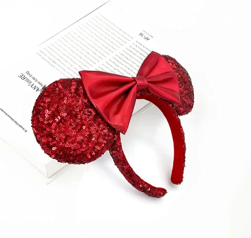 Vista 5 de Swanlake Diadema de orejas de ratón de lentejuelas rojas con lazo, decoración de princesa con purpurina, disfraz de cosplay, vacaciones, regalos