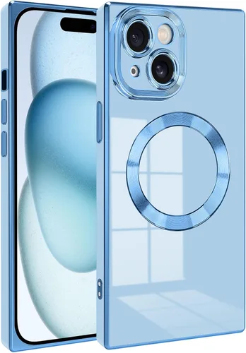 Vista 15 de Funda magnética para iPhone 15 compatible con Magsafe, TPU suave plateado a prueba de rayones con lente totalmente cubierta compatible con carga