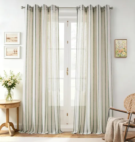 Vista 23 de DriftAway Cortinas de estilo granja con rayas verticales de lino mezclado texturizado con filtro de luz semitransparente para sala de estar