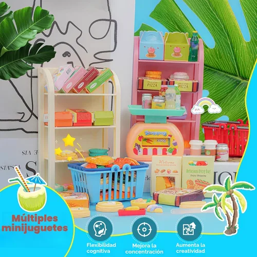 Vista 2 de 196 piezas Mini carrito de compras carrito carrito de comestibles modelo de juego botella de bebida en miniatura comida pizza con caja Supermercado