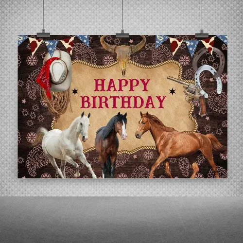 Vista 2 de Telón de fondo de fotografía de caballo de feliz cumpleaños, decoración de fiesta de vaquero del salvaje oeste, fondo de imagen, fondo de granja