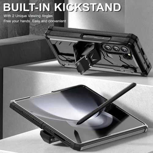 Vista 4 de Funda resistente para Samsung-Galaxy-Z-Fold-5 5G con soporte integrado [soporte para bolígrafo S] [protector de pantalla] [protección de bisagra]