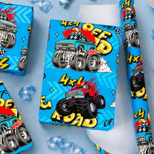 Vista 3 de Burymento Monster Truck Wrapping Paper Roll, Boys Birthday Wrapping Paper