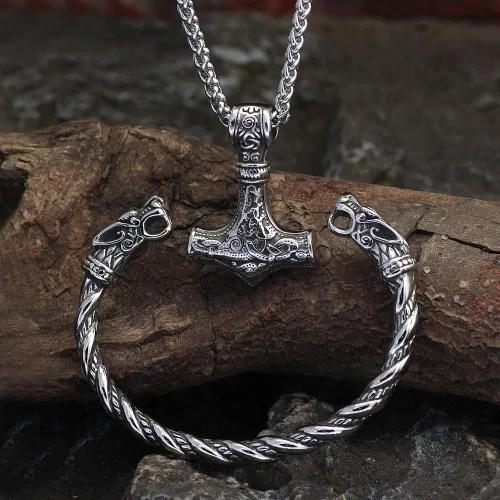 Vista 3 de GuoShuang Collar con colgante vikingo y pulsera para hombre, juego de joyería para hombre, collar Mjolnir de 24 pulgadas, collar y pulsera