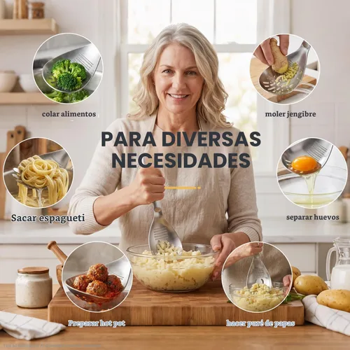 Vista 2 de Cuchara de cocina multifunción de acero inoxidable 5 en 1, cuchara ranurada