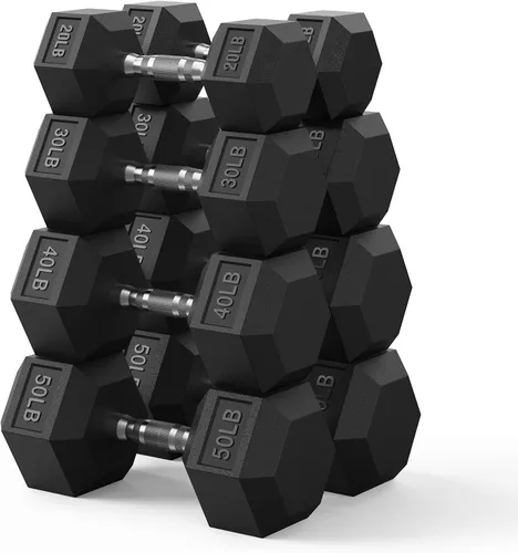 Vista 17 de PAPABABE Juego de mancuernas hexagonales de 45 a 550 libras, mancuernas de gimnasio en casa con revestimiento de goma, mancuernas para mujeres