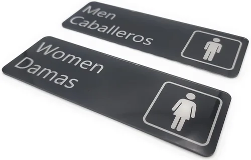 Vista 8 de Juego de letreros para baño con adhesivo en español e inglés - 9" x 3" - Hombres/Caballeros y Mujeres/Damas -Juego de dos letreros- Negro con letras