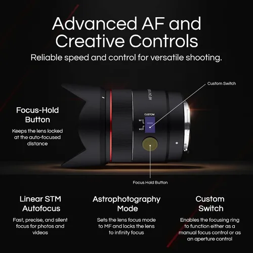 Vista 3 de Samyang 24mm F1.8 AF Lente de marco completo para Sony E – Gran angular, ligera, sellada contra el clima, modo de astrofotografía, interruptor