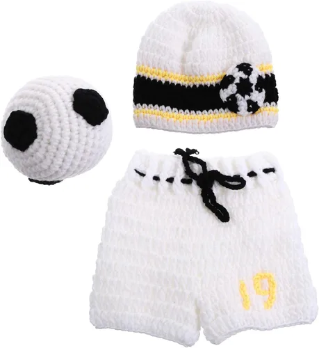 Vista 2 de NUOBESTY - Juego de 3 piezas de accesorios de fotografía para bebés recién nacidos de fútbol, ganchillo, traje para bebé, deporte, fiesta temática