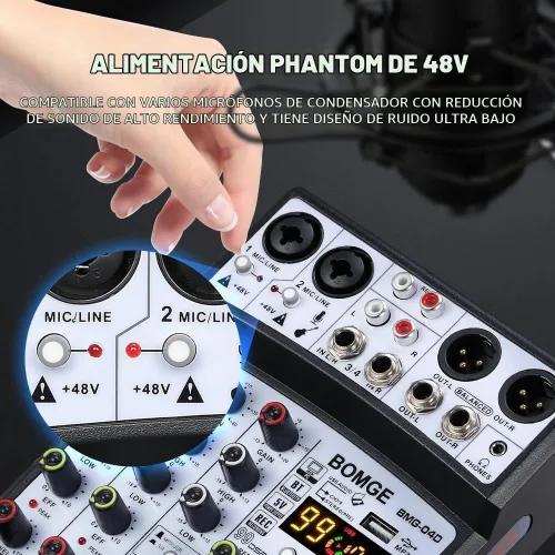 Vista 7 de BOMGE 04D portátil bluetooth 4 canales DJ mezclador de sonido de audio consola de mezcla con interfaz USB, entrada de alimentación fantasma de 48 V