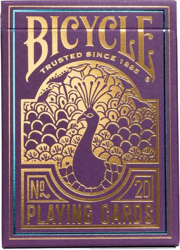Vista 2 de Bicycle Cartas de juego de pavo real, color morado, baraja de cartas prémium para juegos de cartas y trucos de magia, diseño deslumbrante, acabado