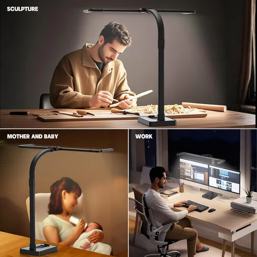 Vista 5 de Lámpara LED de escritorio para oficina en casa, luz de escritorio de doble cabezal brillante de 24 W con abrazadera para el cuidado de los ojos, luz