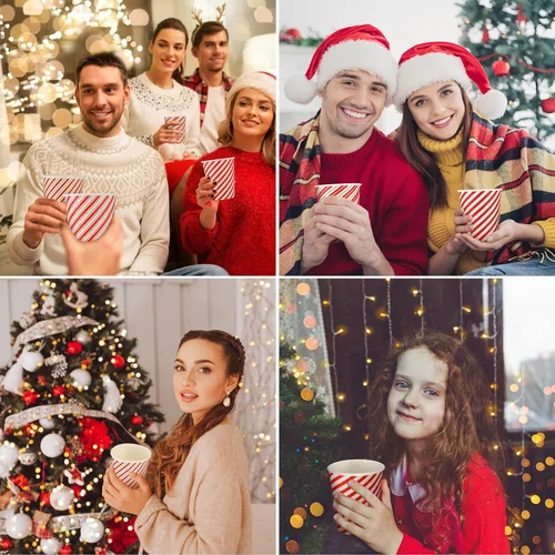 Vista 4 de Hushee 100 piezas de tazas de papel desechables elegantes de Navidad - Tazas festivas de 9 oz con rayas de bastón de caramelo para chocolate