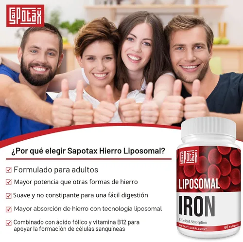 Vista 7 de Suplemento liposomal de hierro Fe para mujeres, suplemento de hierro de 65 mg con ácido fólico y vitamina B12 para hombres, apoyo diario de sangre