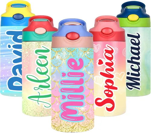 Vista 10 de Botella de agua personalizada para niños, niñas, niños, botellas de agua personalizadas de 12 onzas con nombre y tapa de pajilla, tazas de acero