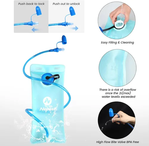 Vista 5 de Nepest Mochila de hidratación con bolsa de agua de 2 L para ciclismo, mochila de agua para senderismo, correr, mochila de hidratación ligera 2L