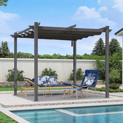 Vista 17 de PURPLE LEAF Pergola retráctil de 10 x 10 pies, pérgola blanca, toldo extra, azul marino