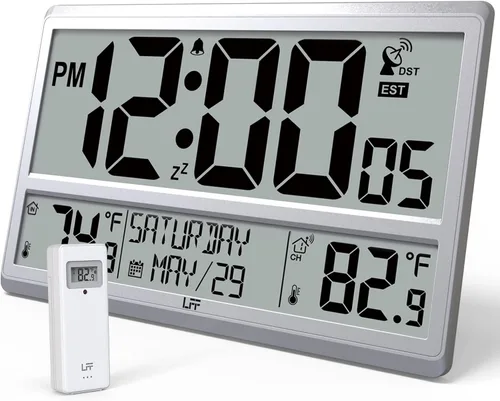 Vista 8 de Reloj atómico LFF de 4.5" con números, reloj de pared atómico que nunca necesita configuración, temperatura interior y exterior con sensor