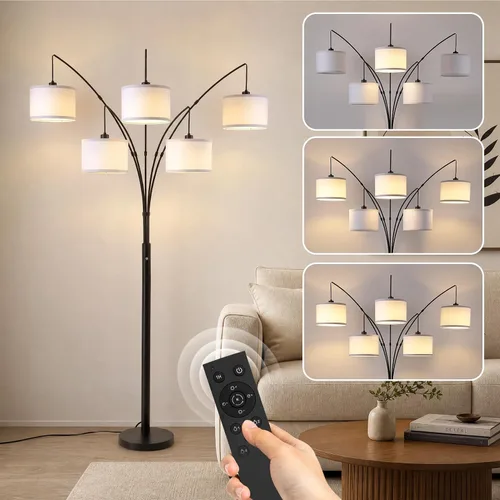 Vista 13 de Lámpara de pie con control remoto, lámparas de pie de arco de 3 luces para sala de estar, lámparas de pie altas de 2400 lm con pantallas blancas
