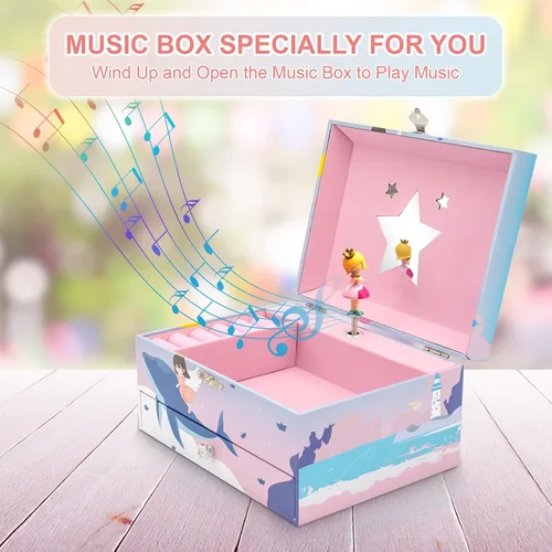 Vista 2 de HAMOPY Joyero musical para niñas con cajón y juego de joyas con princesa giratoria para regalo de cumpleaños, Navidad, caja de música de princesa