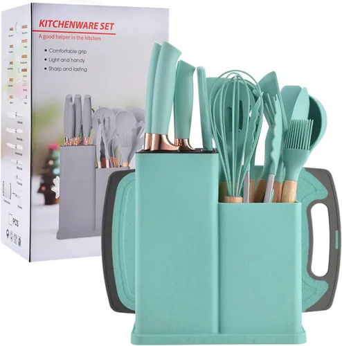 Vista 10 de Juego de utensilios de cocina y cuchillos de 19 piezas con bloque, 9 piezas de utensilios de cocina de silicona, 5 piezas afiladas de acero Beige