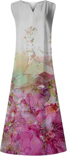 Vista 4 de Vestidos largos de verano para mujer, con cuello en V, sin mangas, con estampado de color, sin mangas, para verano