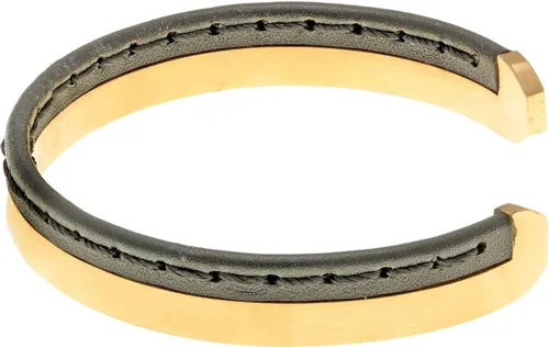 Vista 2 de Metro Jewelry Brazalete abierto de acero inoxidable dorado y cuero genuino cosido para hombre, 0.394 in, 8.5 pulgadas de largo, Metal, No es una