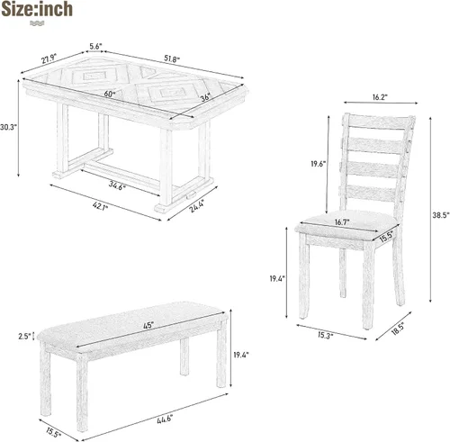 Vista 45 de Juego de mesa de comedor vintage de 6 piezas, juego de mesa de comedor de cocina de madera maciza con 4 sillas ergonómicas acolchadas y banco, mesa