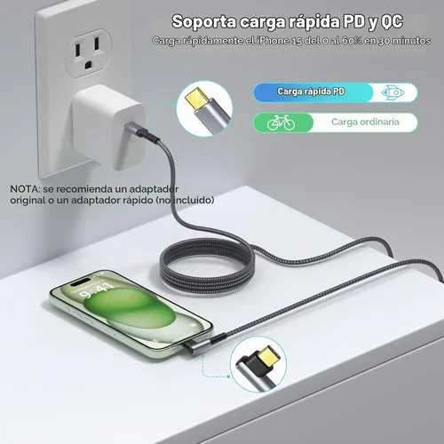 Vista 3 de OKRAY Cable USB C de 10 pies, paquete de 5 cables de carga rápida USB-C de 2-Gris