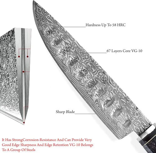 Vista 8 de KIMPE Cuchillo de chef de Damasco de 13 pulgadas, cuchillo de cocina de acero Damasco de 67 capas con mango ergonómico de resina, cuchillo de cocina