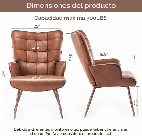 Vista 2 de Kosydown Silla de Acento de Cuero PU, Silla de Respaldo Alto con Alas, Asiento Individual Cómodo, Elegante Silla de Acento Capitoné para Sala