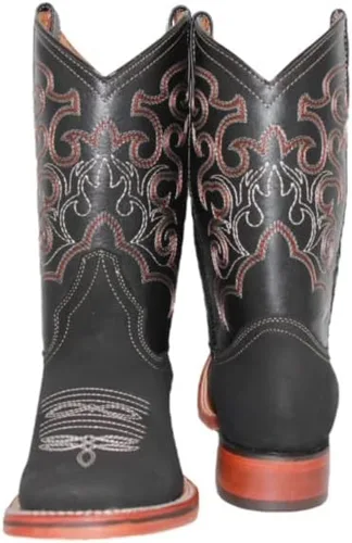 Vista 2 de Botas vaqueras de cuero genuino con punta cuadrada para hombre