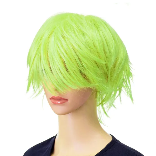 Vista 4 de SWACC Peluca corta unisex de moda con capas de anime, para hombres y mujeres (verde lima)