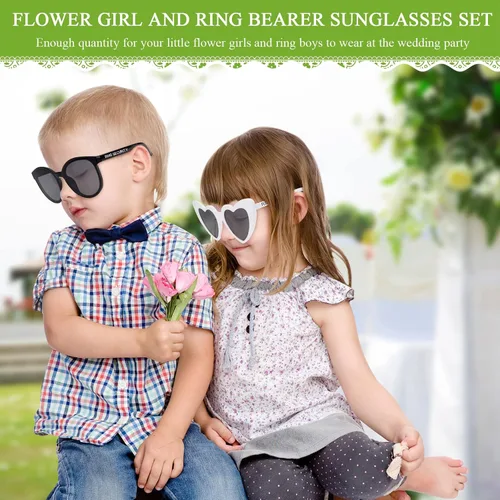 Vista 6 de Dunzy Juego de 4 gafas de sol de seguridad con portador de anillos y gafas de sol para niña de las flores, portador de anillos de boda y regalos