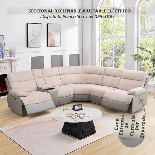 Vista 4 de Sofá seccional reclinable eléctrico, sofá de felpa beige y gris, sofá seccional con consola de almacenamiento, sofá reclinable para sala de estar