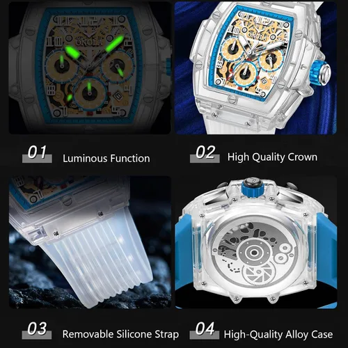 Vista 6 de RORIOS Reloj analógico de cuarzo para hombre, reloj de pulsera Tonneau transparente, multifuncional, a la moda, impermeable, cronógrafo, correa
