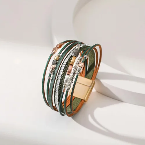 Vista 5 de Long tiantian Pulseras de cuero para mujer, de moda, bohemias, con dije de círculo, apiladas, pulseras de varias capas, joyería, regalos de Navidad