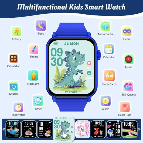 Vista 2 de Reloj inteligente para niños, 12 juegos de rompecabezas con pantalla táctil HD, contador de pasos, monitor de frecuencia cardíaca y sueño, linterna